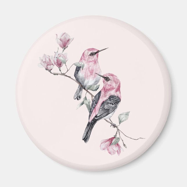 Rosa och svart fåglar vid Träd Gren Magnet (Framsidan)