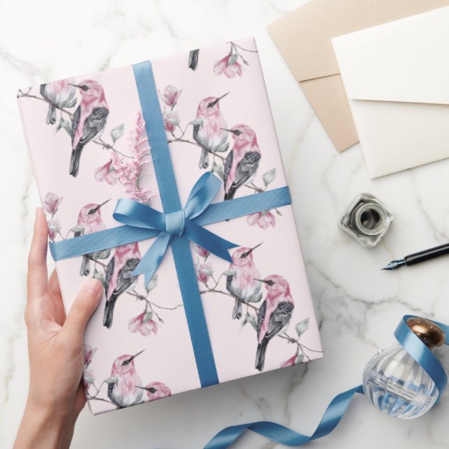 Rosa och svart fåglar vid Träd Gren Mönster Presentpapper (Gåvor)