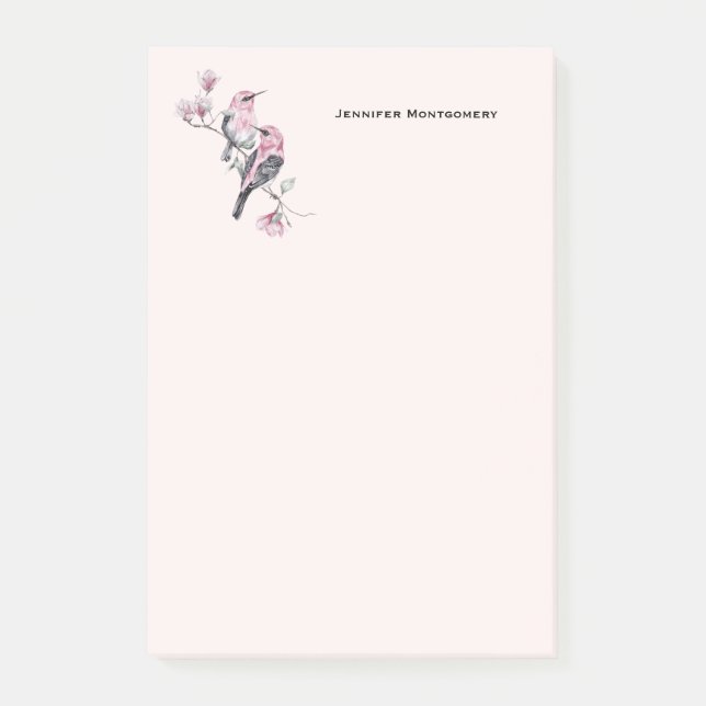 Rosa och svart fåglar vid Träd Gren Post-it Block (Framsida)