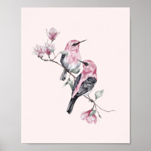 Rosa och svart fåglar vid Träd Gren Poster