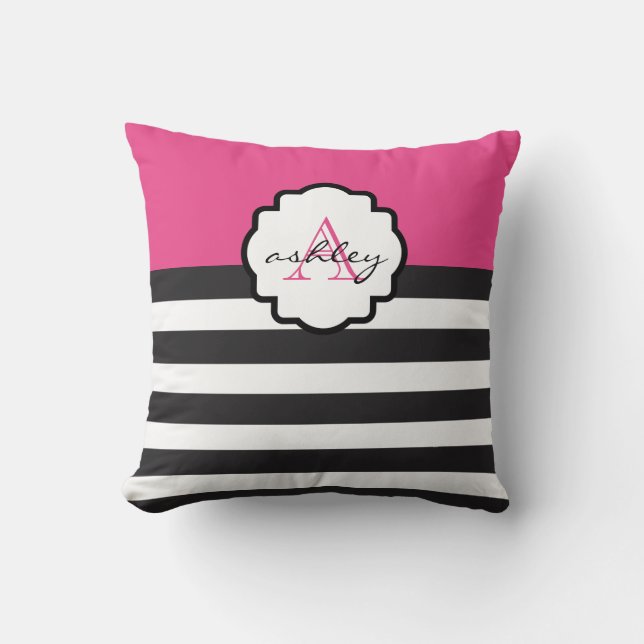 Rosa och svart fet randig monogramkudde kudde (Framsida)