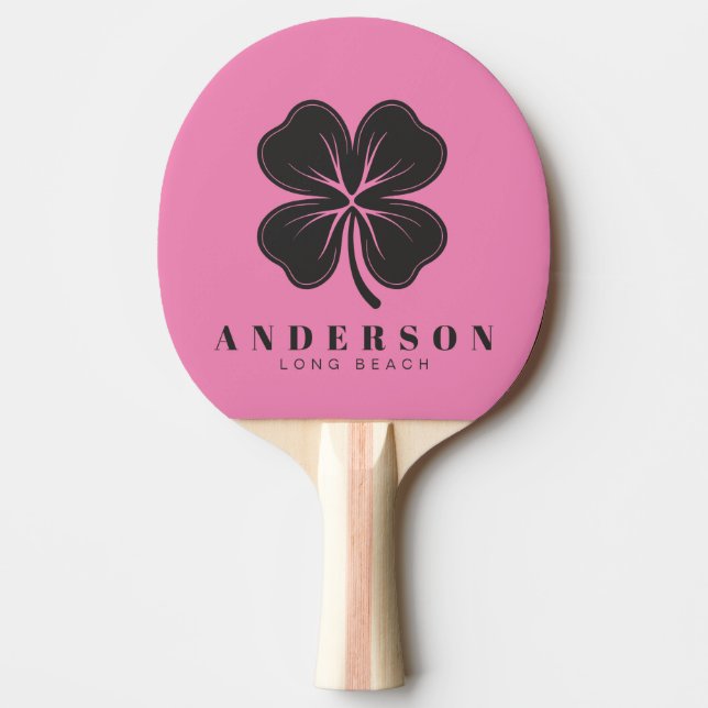 Rosa och svart fyrklöver med namn pingisracket (Framsidan)