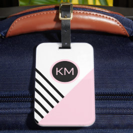 Rosa och svart geometrisk retro-Chic med monogram Bagagebricka