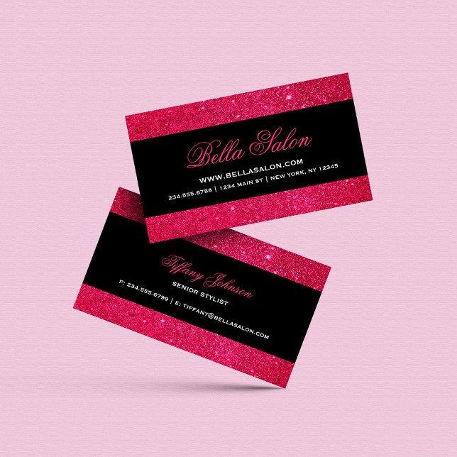Rosa och svart Glam Faux Glitter Visitkort (Skapare uppladdad)