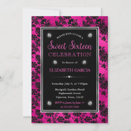 Rosa och svart Glitter Blommigt Damask Sweet 16 Inbjudningar