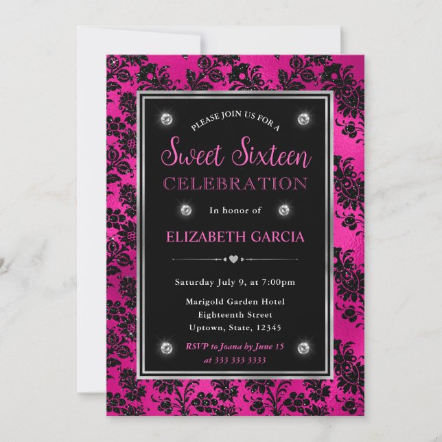 Rosa och svart glitter blomsterdamast Sweet 16 Inbjudningar (Framsida)