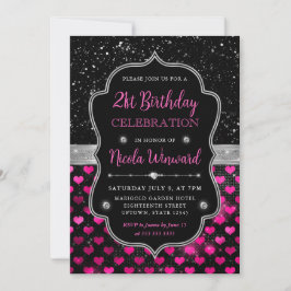 Rosa och svart Glitter Hearts 21:a födelsedagen Inbjudningar