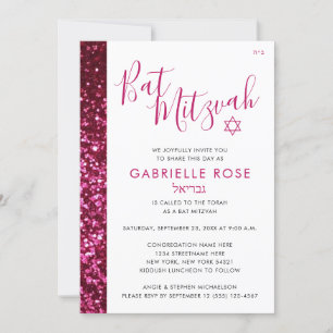 Rosa och svart Glitter Hebrew Namn Modern Mitzvah Inbjudningar