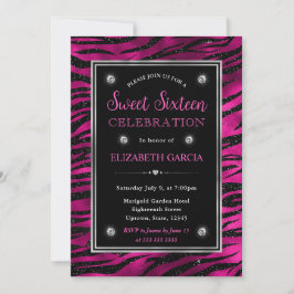 Rosa och svart Glitter Tiger Rand Sweet sixteen Inbjudningar