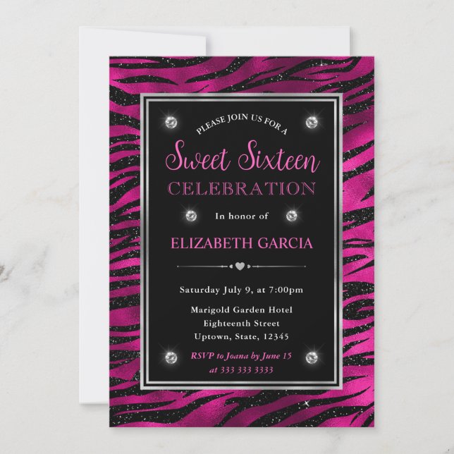 Rosa och svart Glitter Tiger Rand Sweet sixteen Inbjudningar (Framsida)