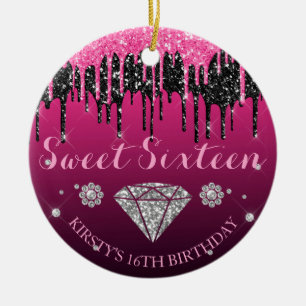 Rosa och svart glitterdropp diamant Sweet Sixteen Julgransprydnad Keramik