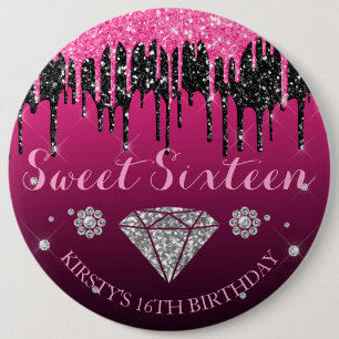 Rosa och svart glitterdropp diamant Sweet Sixteen Knapp