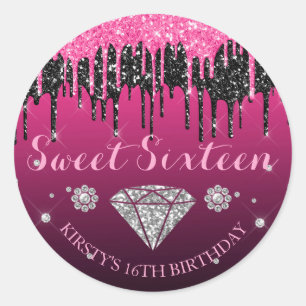 Rosa och svart glitterdropp diamant Sweet Sixteen Runt Klistermärke