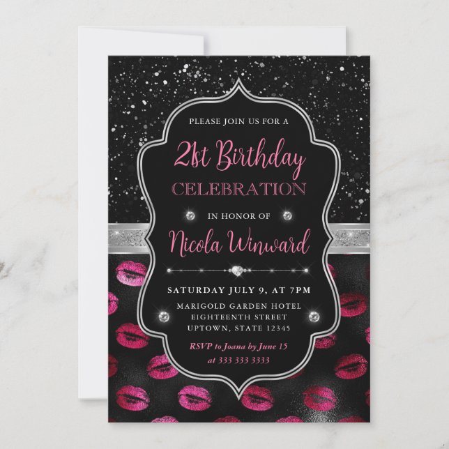 Rosa och svart glitterläppar 21-årsdag inbjudningar (Framsida)