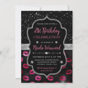 Rosa och svart glitterläppar 21-årsdag inbjudningar