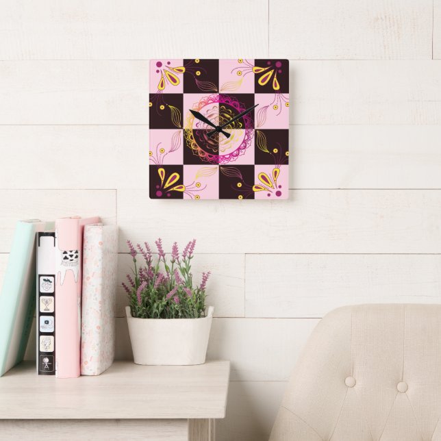 Rosa och svart grafik, Mystic Checkerboard Fyrkantig Klocka (Läsesal)