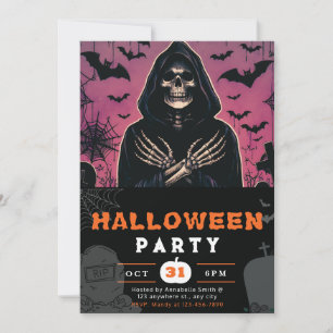 Rosa och svart Grim Reaper Skeleton Halloween Inbjudningar