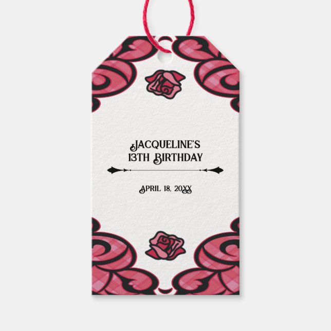 Rosa och svart grindros prinsessa födelsedag  presentetikett (Framsidan)