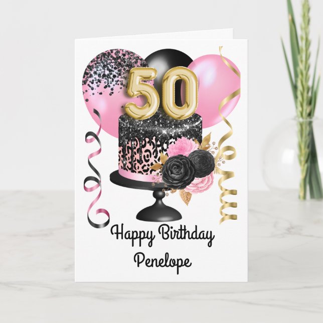 Rosa och svart guld 50-årsdag kort (Framsida)