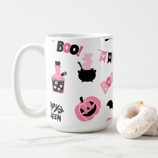 Rosa och svart Halloween Kaffemugg (Med munk)