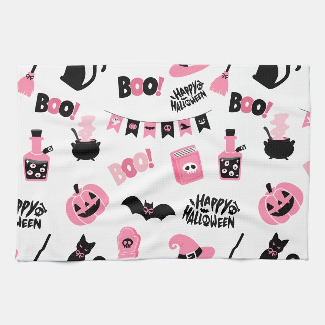 Rosa och svart Halloween Kökshandduk (Horisontell)
