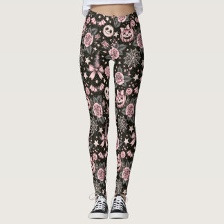 Rosa och svart Halloween-mönster med pumpa och spi Leggings