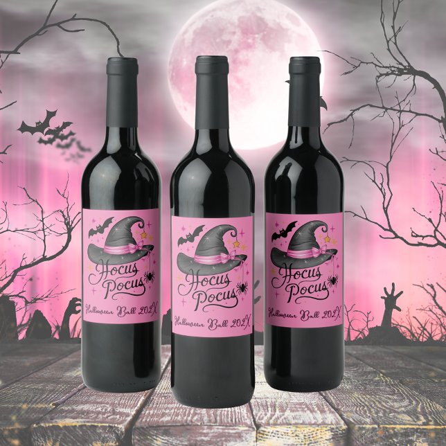Rosa och svart Halloween Witch-Anpassadet Vinflaska Etikett (Skapare uppladdad)