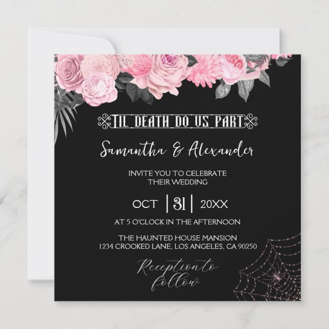 Rosa och svart inbjudan till Gothic Wedding (Framsida)