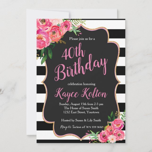 Rosa och svart inbjudan till kvinnor på födelsedag (Framsida)