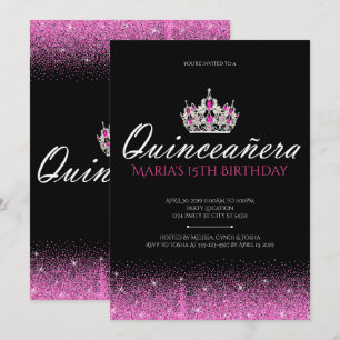 Rosa och svart inbjudningar till Glitter Quinceane