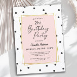 Rosa och svart konfetti-punkter 21:a födelsedagen  inbjudningar<br><div class="desc">I trendig contemporary stil har den här 21:a födelsedagsbjudandebjudandedesignen spridit Konetti polka dots svart över en vit bakgrund. En gyllene dubbla ram med dammig rosa omger texten i stil i feminin. Ansikte-spådomar med handskrivet skript visar "Födelsedagsfest" i stora bokstäver för att lägga tonvikten på lycklig tillfälle. Den här mångsidiga utformningen...</div>