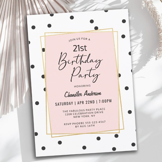 Rosa och svart konfetti-punkter 21:a födelsedagen  inbjudningar (This invitation can be edited for ANY age!)