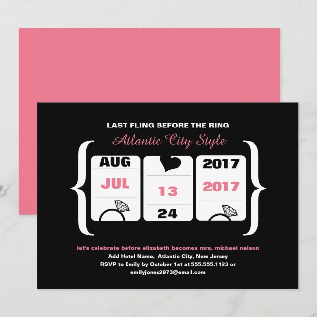 Rosa och svart kortplats Maskin Bachelorette Inbjudningar (Fram/baksida)