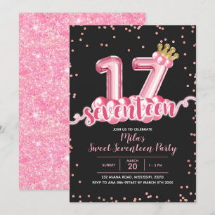 Rosa och svart Krona-ballongen 70-årsjubileum Inbjudningar