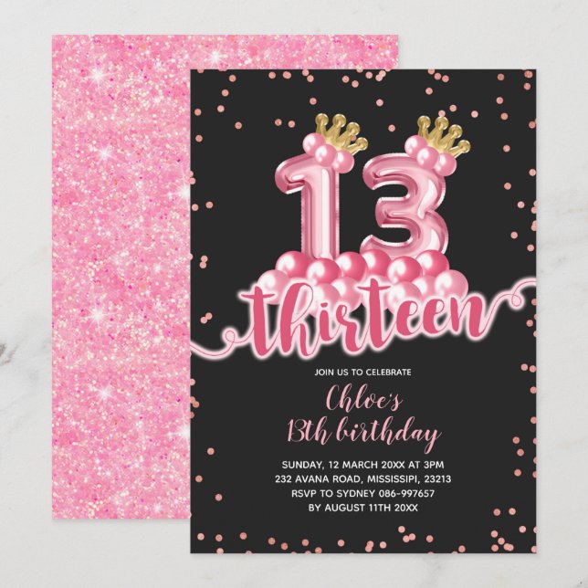 Rosa och svart Krona-bubblan Tretton födelsedag Inbjudningar (Fram/baksida)