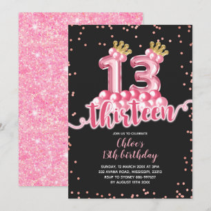 rosa och svart Krona-bubblan Tretton födelsedag Inbjudningar