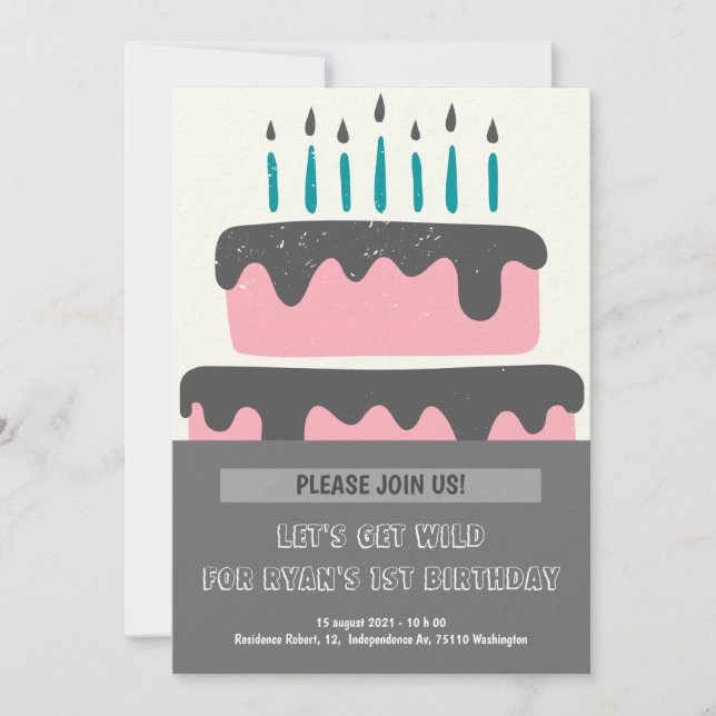 Rosa och svart kummel 1:a födelsedagsinbjudan inbjudningar (Framsida)