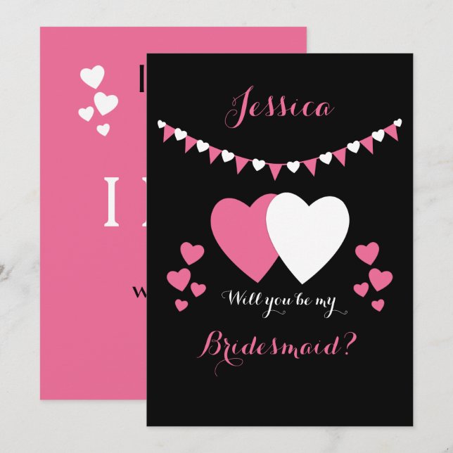 Rosa och svart med bunt och hjärtan Bridesmaid Inbjudningar (Fram/baksida)