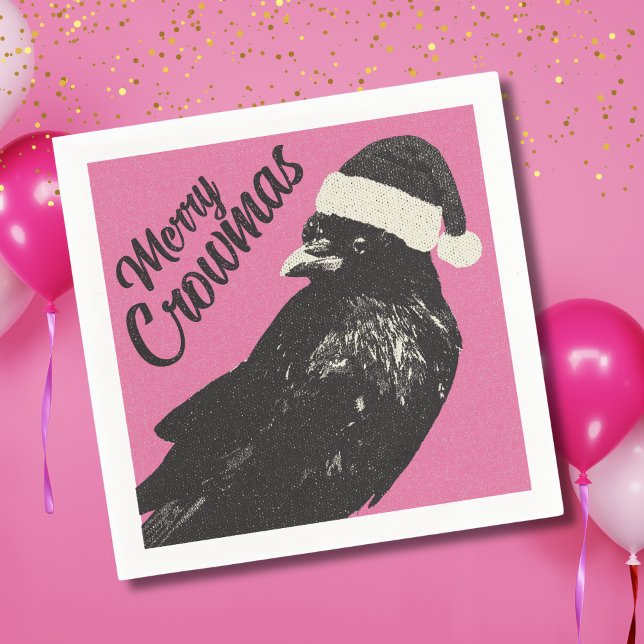 Rosa och svart Merry Crowmas julfirande  Pappersservett (Fun Merry Crowmas pink and black crow Christmas party cocktail napkins will make guests smile. )