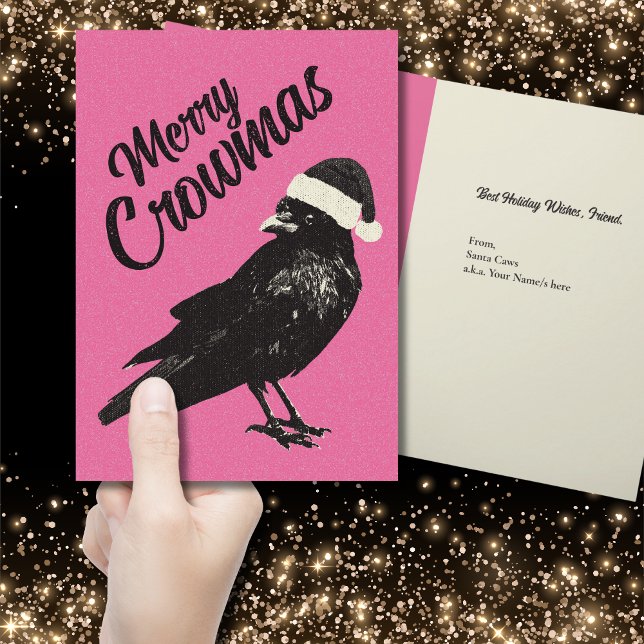 Rosa och svart Merry Crowmas-julkort Helgkort (Gothic Christmas vibes make your holiday greeting card stand out with this black and pink crow card.)