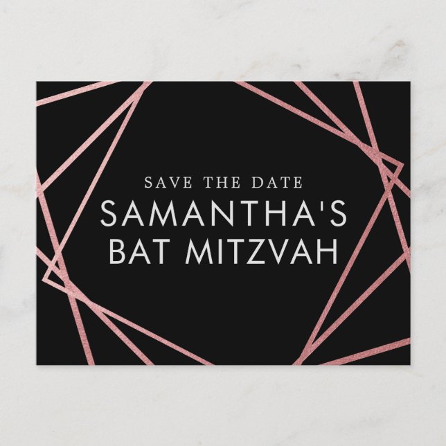 Rosa och Svart Modern Bat Mitzvah Spara Datum Meddelande Vykort (Framsida)