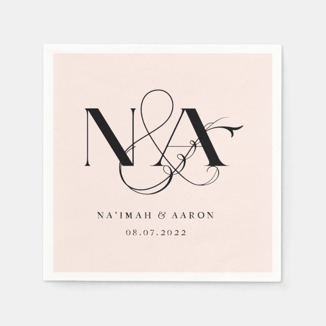 Rosa och svart | Monogram Bröllop Napkins Pappersservett (Framsidan)