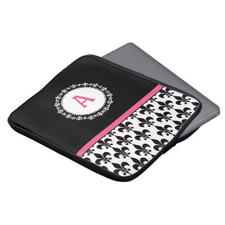Rosa och svart Monogram Fleur de Lis Mönster Laptop Sleeve