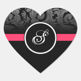 Rosa och svart monogram Heart Damask Stickers Hjärtformat Klistermärke