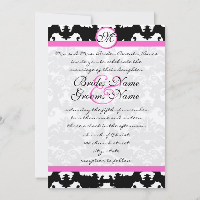Rosa och svart monogram Victorian Damask Wedding Inbjudningar (Baksida)