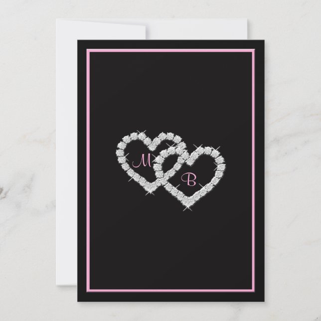 Rosa och svart monogrammad inbjudan med hörn (Framsida)