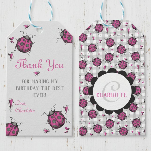 Rosa och svart nyckelpiga Födelsedags Tacksamhet Presentetikett (Cute Hot Pink Ladybug Favor Tags. Whimisical Love Bug Pattern, Ladybugs, Pink Hearts for Bugs Party )