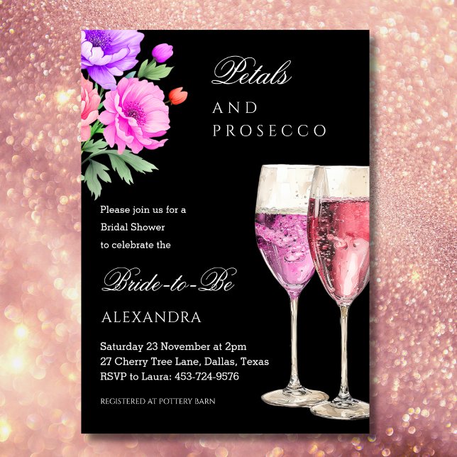 Rosa och svart Petals- och Prosecco-Möhippan Inbjudningar (Skapare uppladdad)