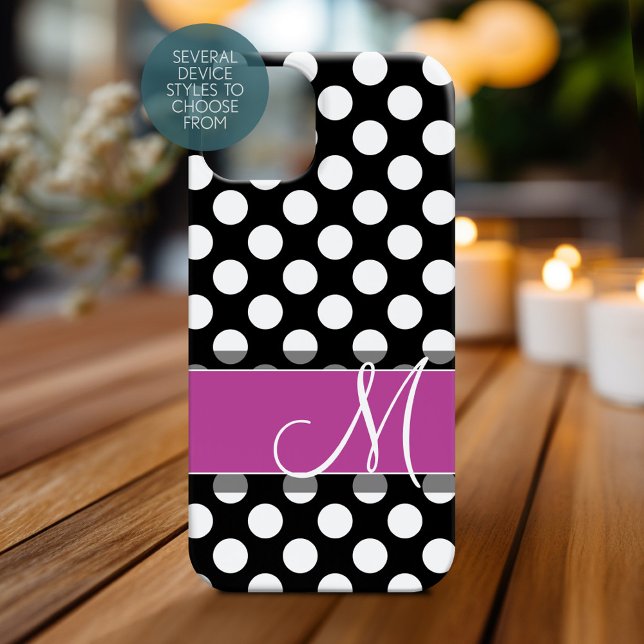Rosa och svart Polka Dot Mönster med Monogram (Personalized Phone Case with Monogram)
