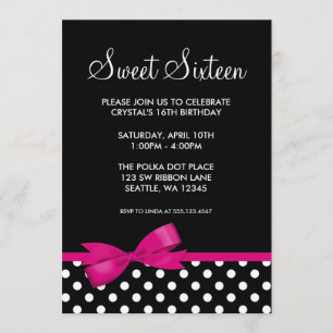 Rosa och svart Polka dots Bow Sweet 16 födelsedaga Inbjudningar
